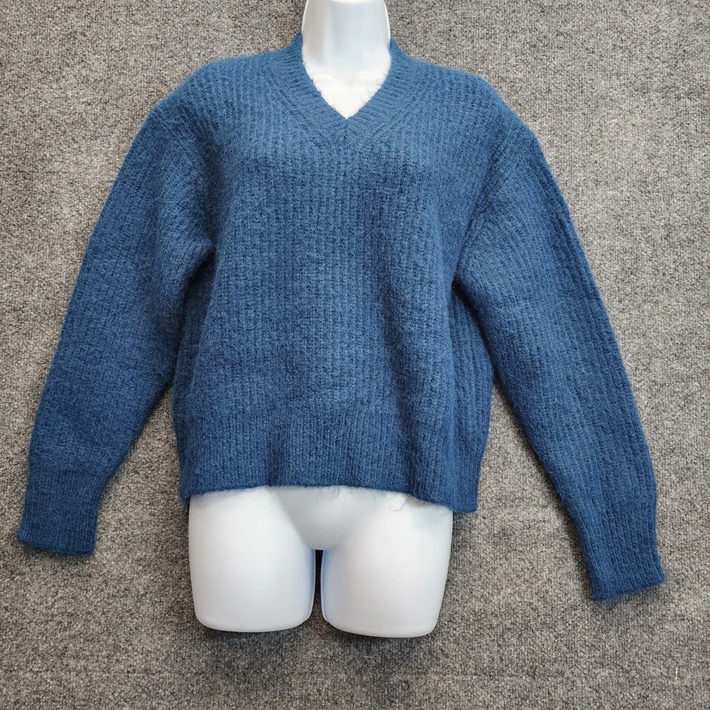 Uniqlo Women's Small Fluffy V-Neck Wool Blend Sweater Blue Cozy Minimalist Knit